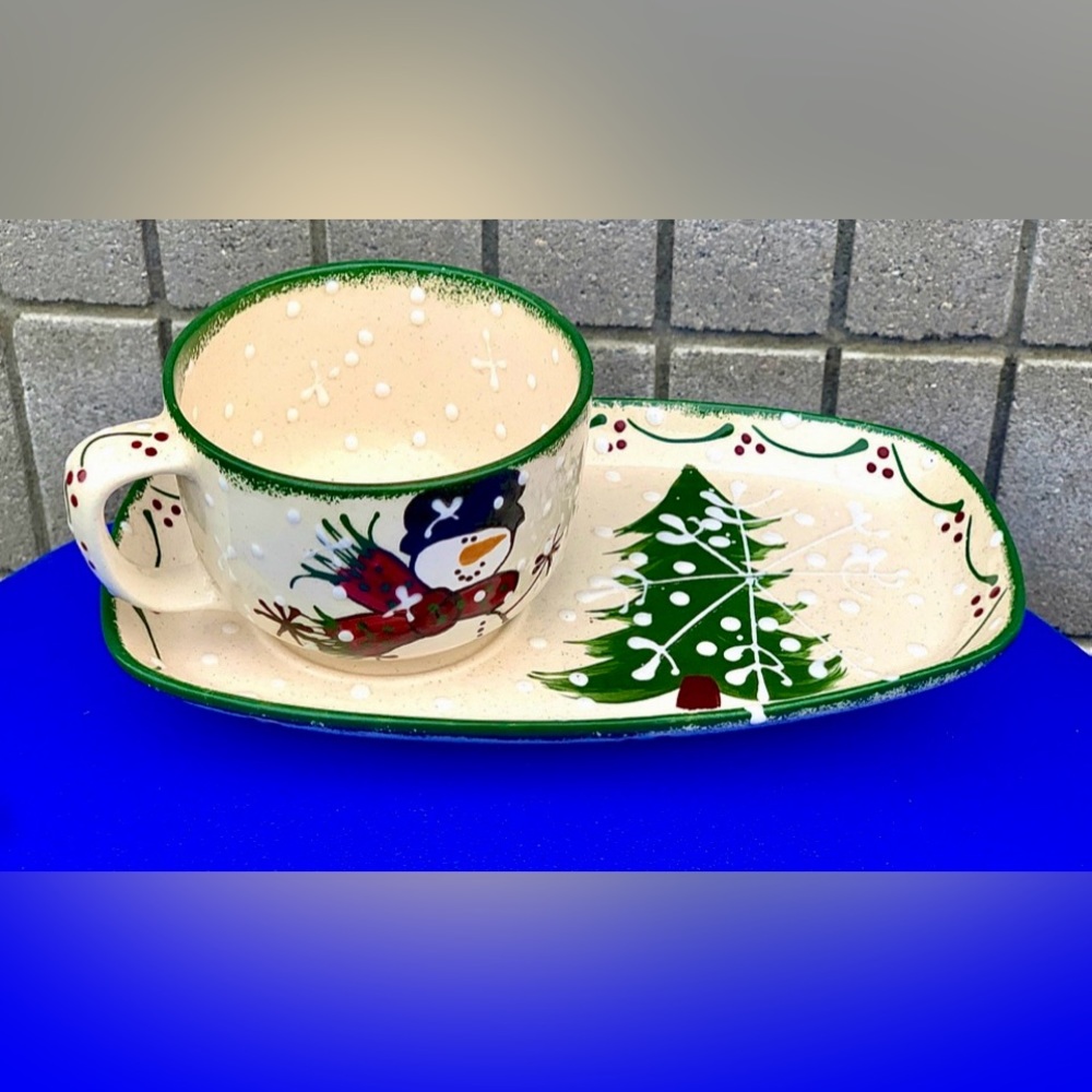 1998 Vintage Expressly Yours Green Sponge Trim Snowman Plate & Mug Set